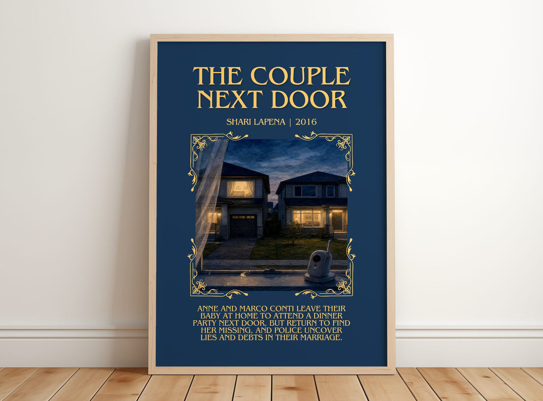 The Couple Next Door Minimalist Book Poster by Shari Lapena – framed print leaning on a wooden floor