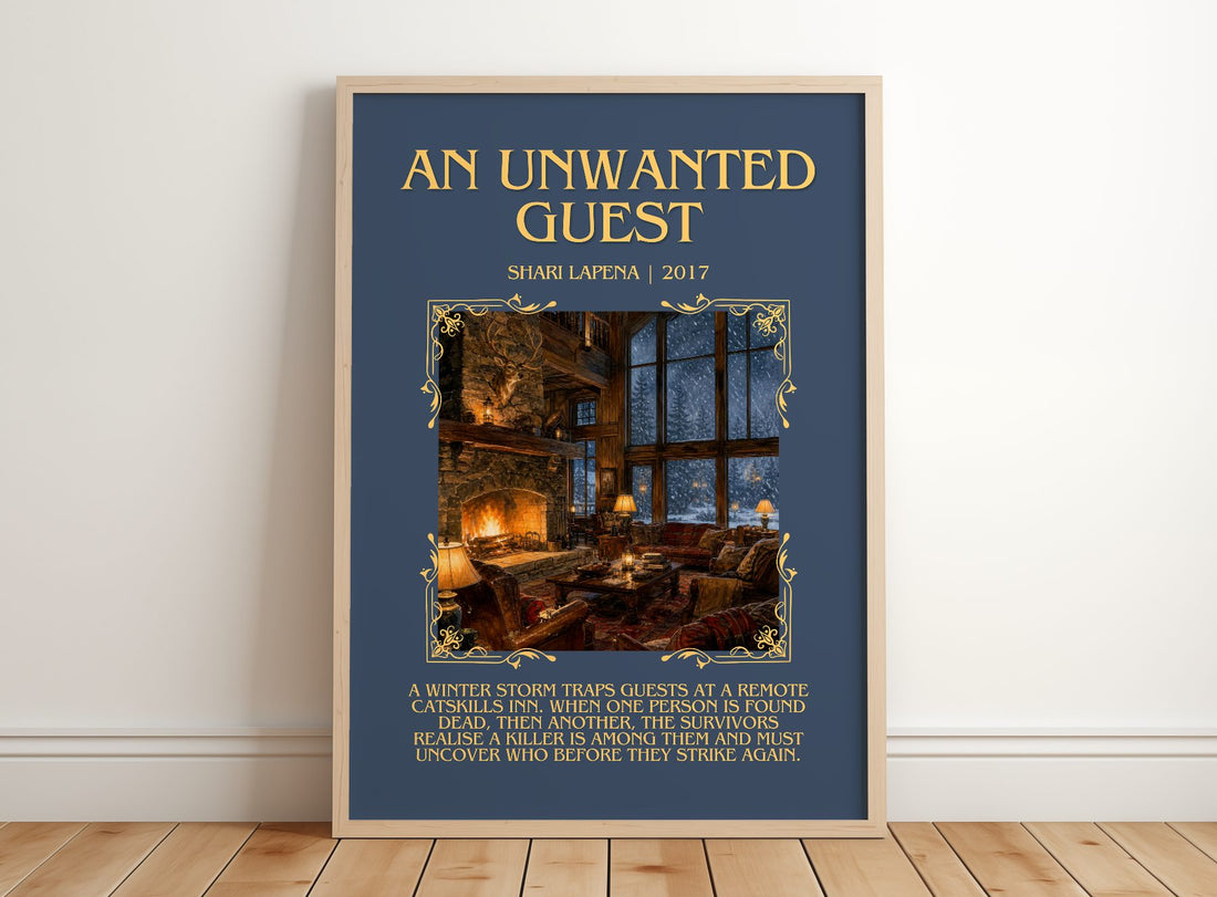 An Unwanted Guest Minimalist Book Poster by Shari Lapena – framed print leaning on a wooden floor