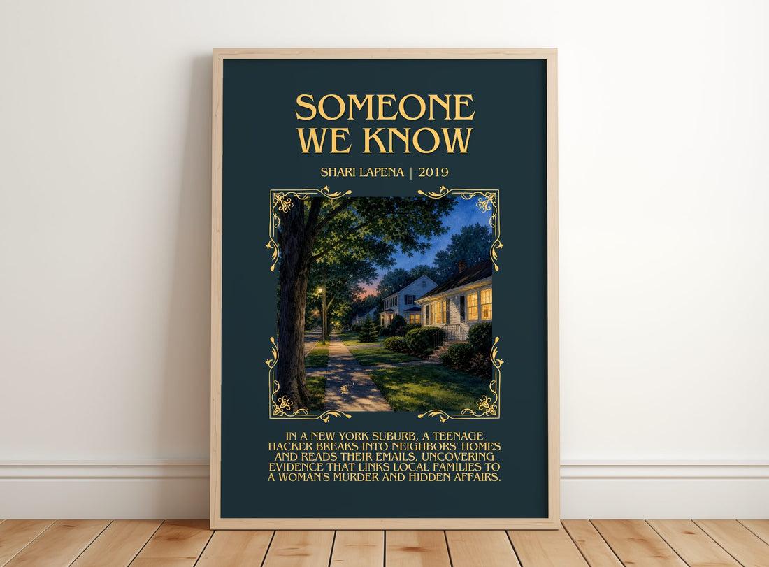 Someone We Know Minimalist Book Poster by Shari Lapena – framed print leaning on a wooden floor