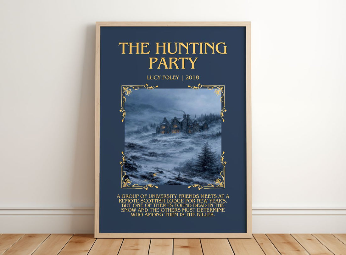 The Hunting Party Minimalist Book Poster by Lucy Foley – framed print leaning on a wooden floor