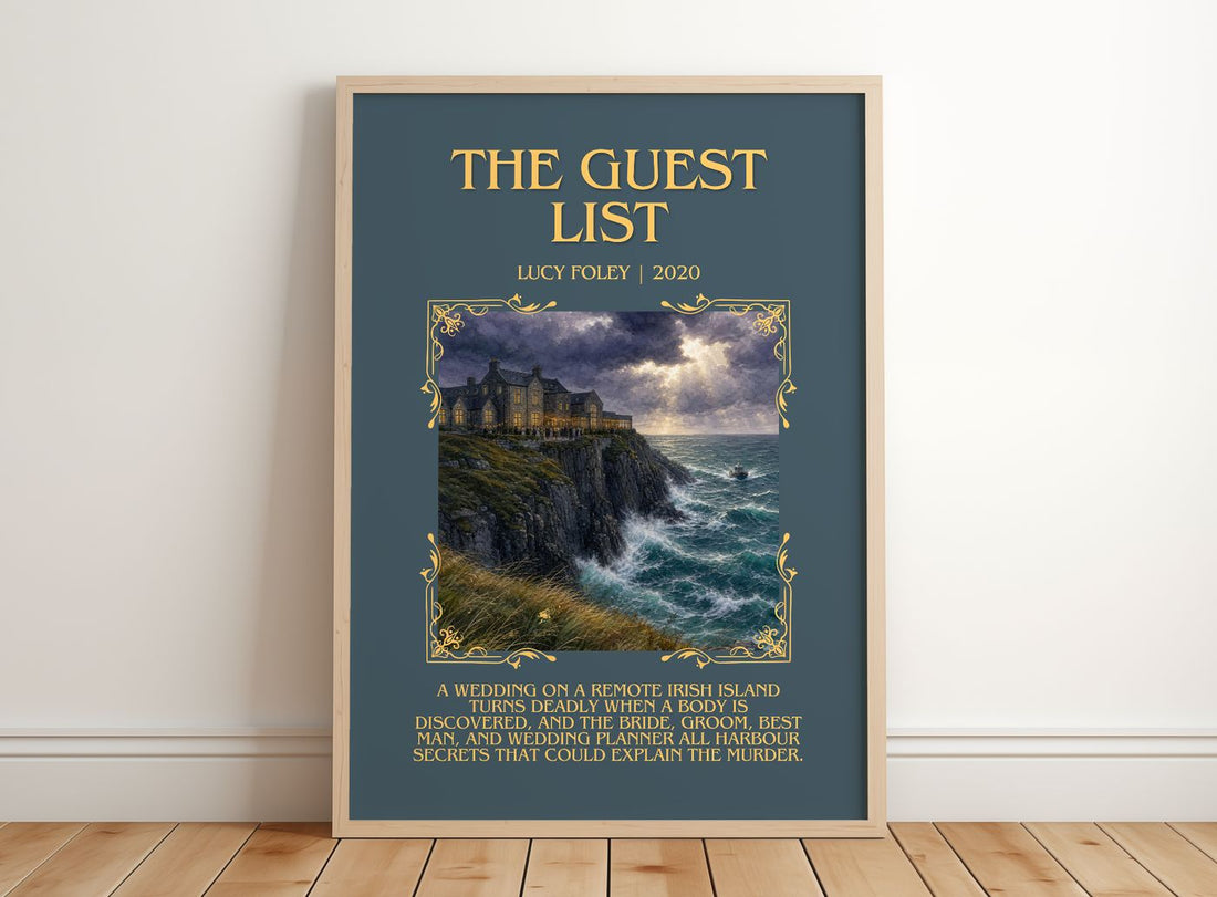 The Guest List Minimalist Book Poster by Lucy Foley – framed print leaning on a wooden floor
