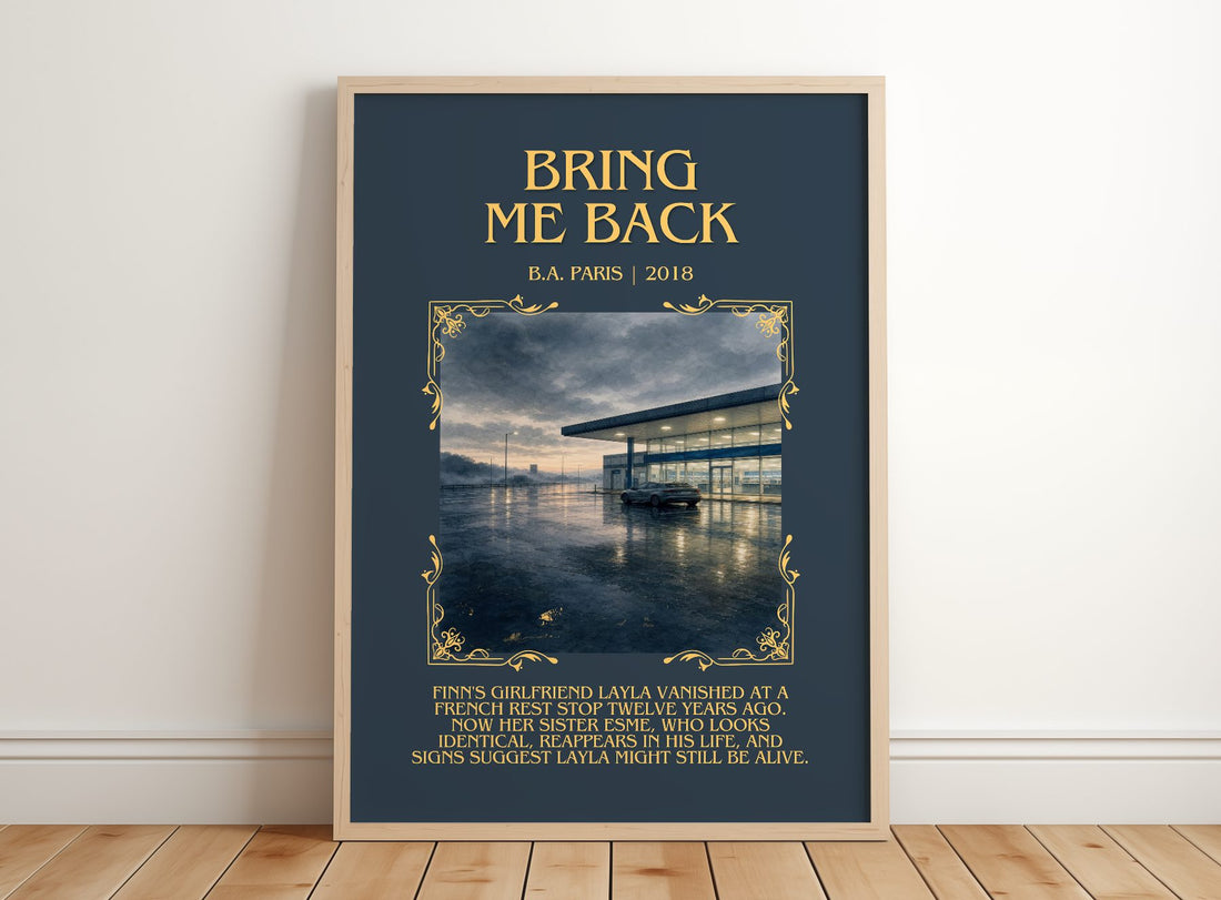 Bring Me Back Minimalist Book Poster by B.A. Paris – framed print leaning on a wooden floor