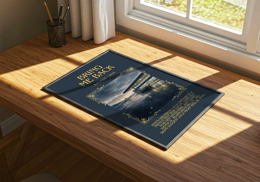 Bring Me Back Minimalist Book Poster by B.A. Paris – print on a sunlit desk