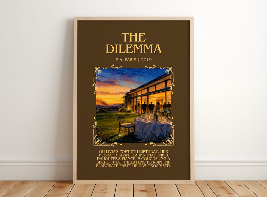 The Dilemma Minimalist Book Poster by B.A. Paris – framed print leaning on a wooden floor