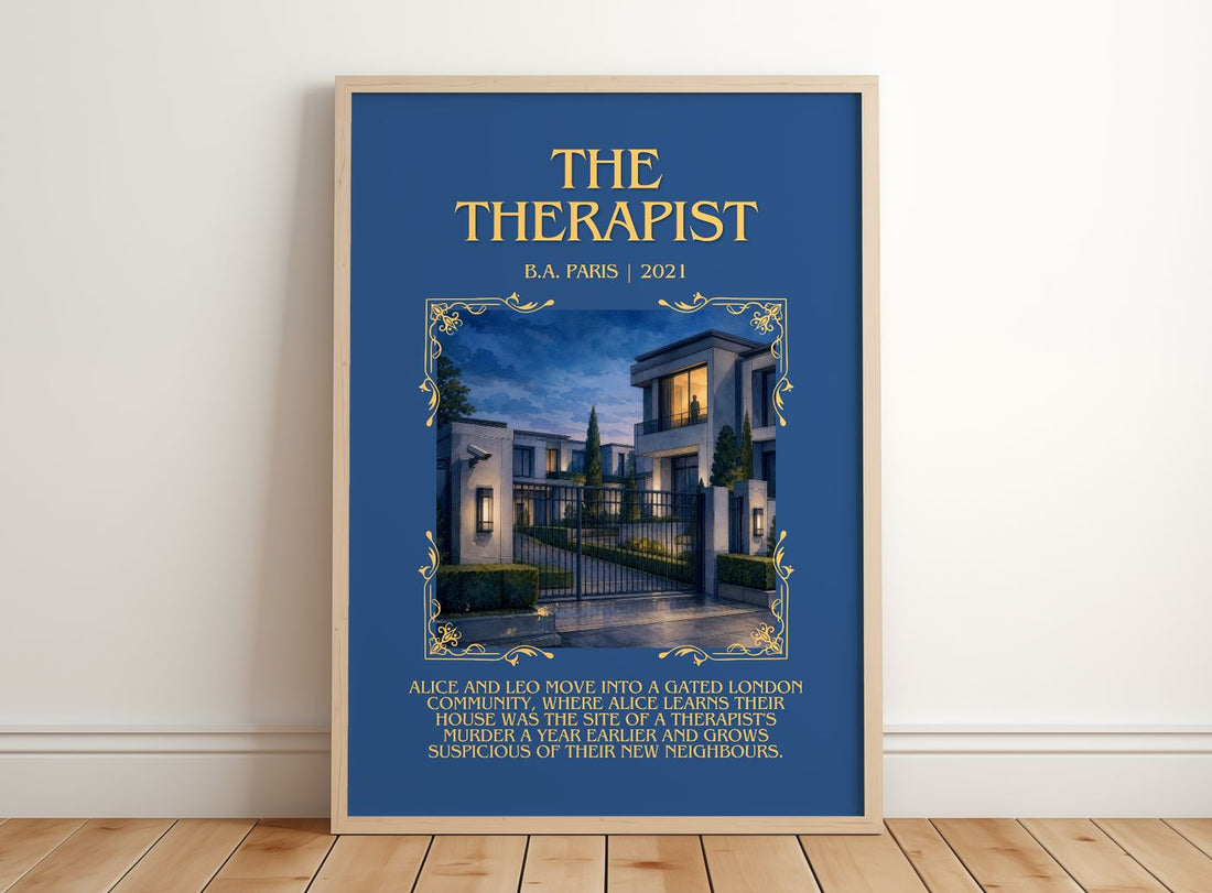 The Therapist Minimalist Book Poster by B.A. Paris – framed print leaning on a wooden floor