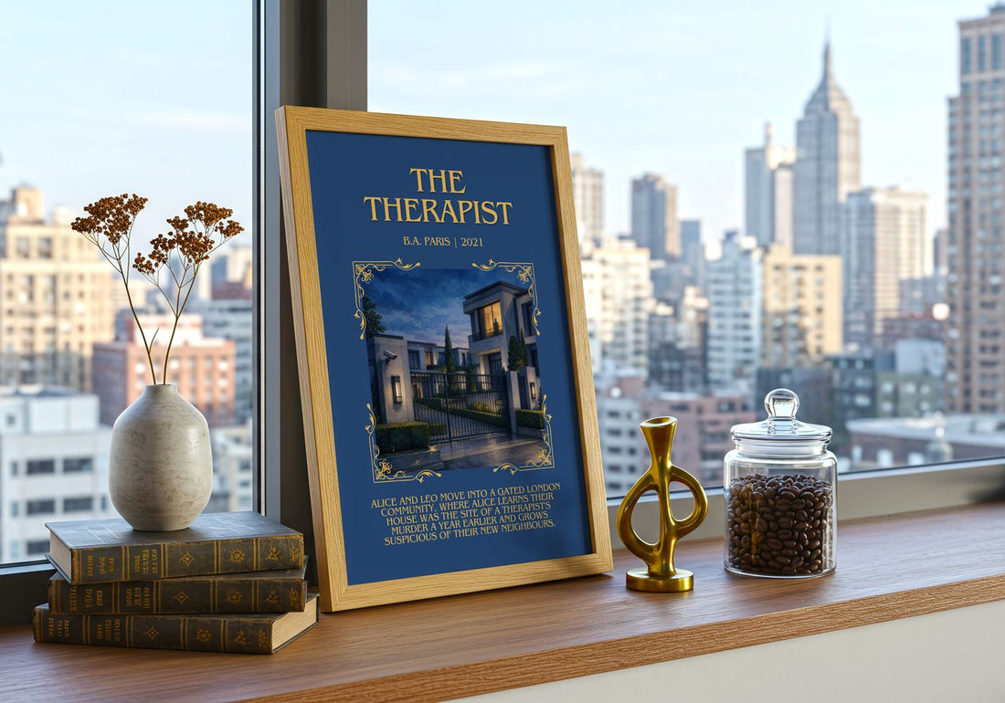 The Therapist Minimalist Book Poster by B.A. Paris – framed print on a city-view windowsill