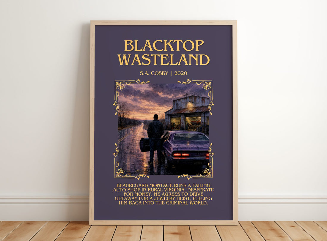 Blacktop Wasteland Minimalist Book Poster by S.A. Cosby – framed print leaning on a wooden floor