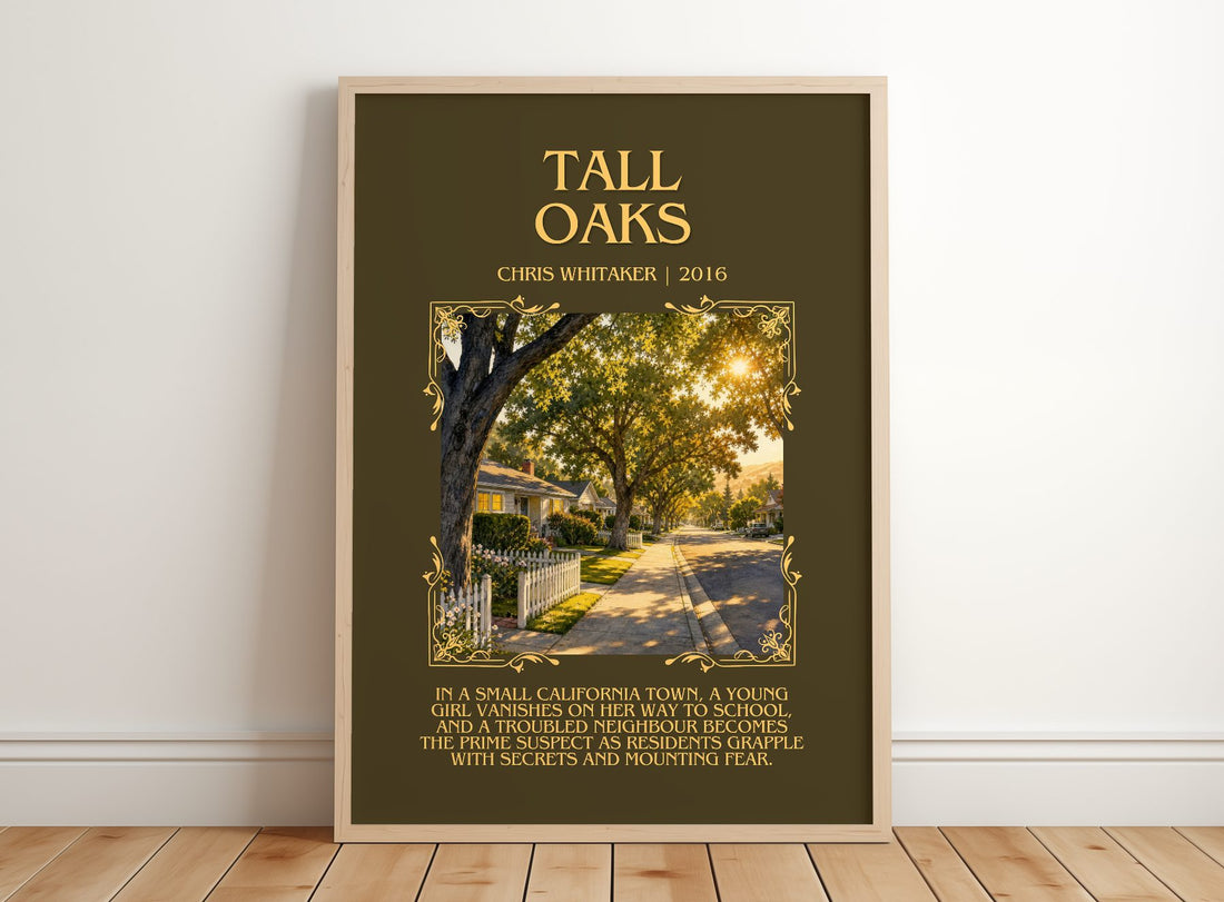 Tall Oaks Minimalist Book Poster by Chris Whitaker – framed print leaning on a wooden floor