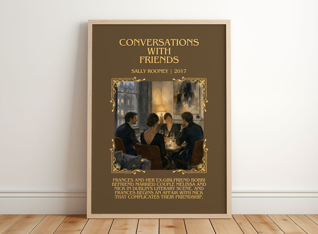 Conversations with Friends Minimalist Book Poster by Sally Rooney – framed print leaning on a wooden floor