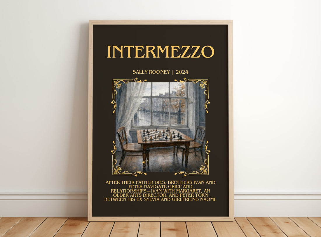 Intermezzo Minimalist Book Poster by Sally Rooney – framed print leaning on a wooden floor
