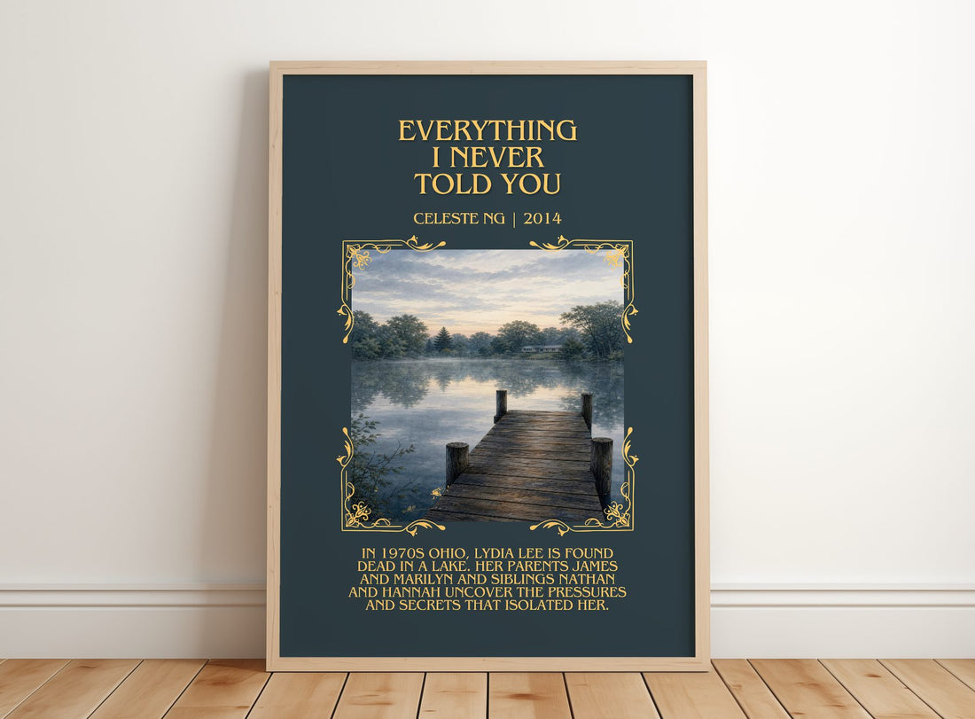 Everything I Never Told You Minimalist Book Poster by Celeste Ng – framed print leaning on a wooden floor
