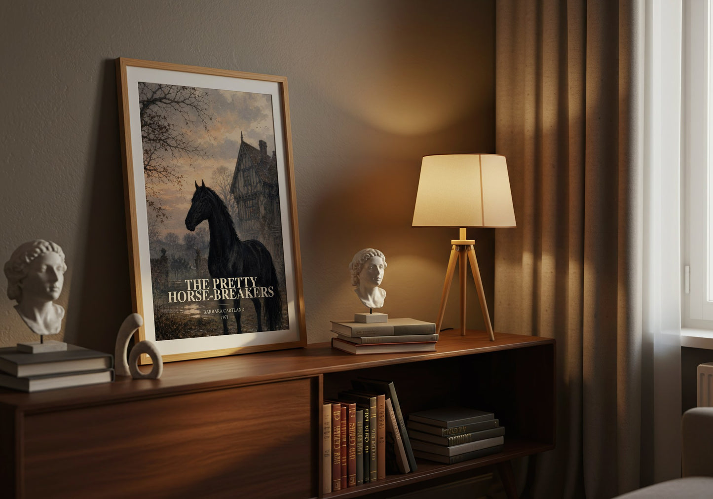 The Pretty Horse-Breakers watercolour print on bookshelf – Barbara Cartland fan gift