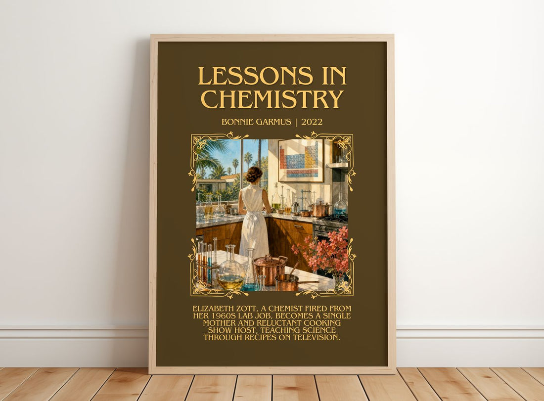 Lessons in Chemistry Minimalist Book Poster by Bonnie Garmus – framed print leaning on a wooden floor