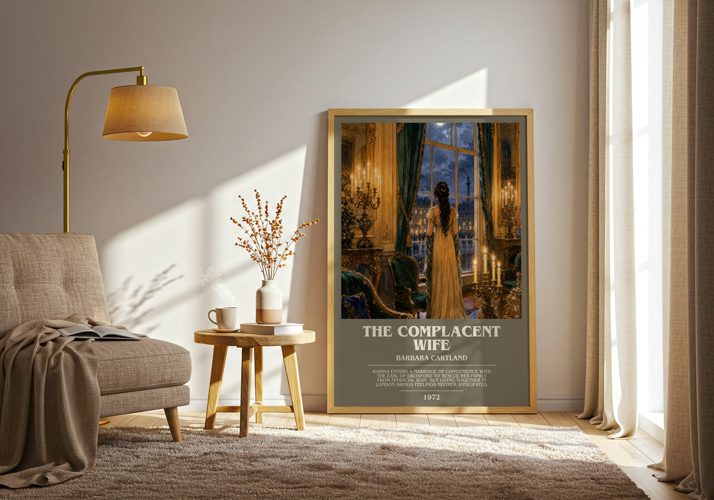 The Complacent Wife bookish print on bookshelf – Barbara Cartland fan gift