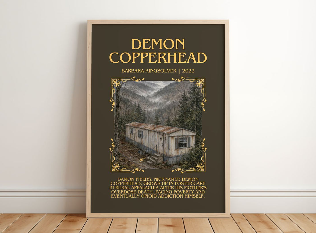 Demon Copperhead Minimalist Book Poster by Barbara Kingsolver – framed print leaning on a wooden floor