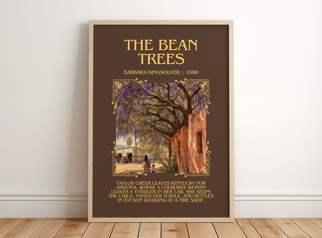 The Bean Trees Minimalist Book Poster by Barbara Kingsolver – framed print leaning on a wooden floor