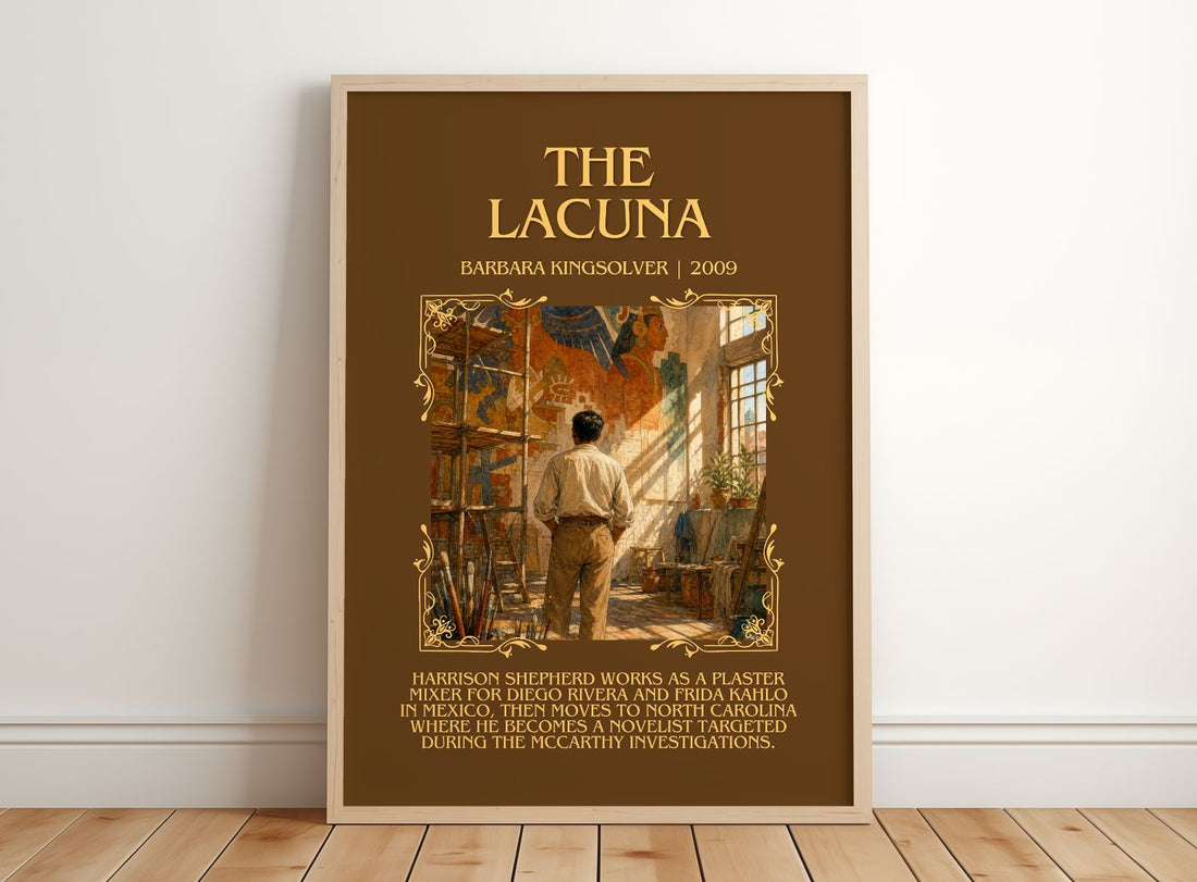 The Lacuna Minimalist Book Poster by Barbara Kingsolver – framed print leaning on a wooden floor