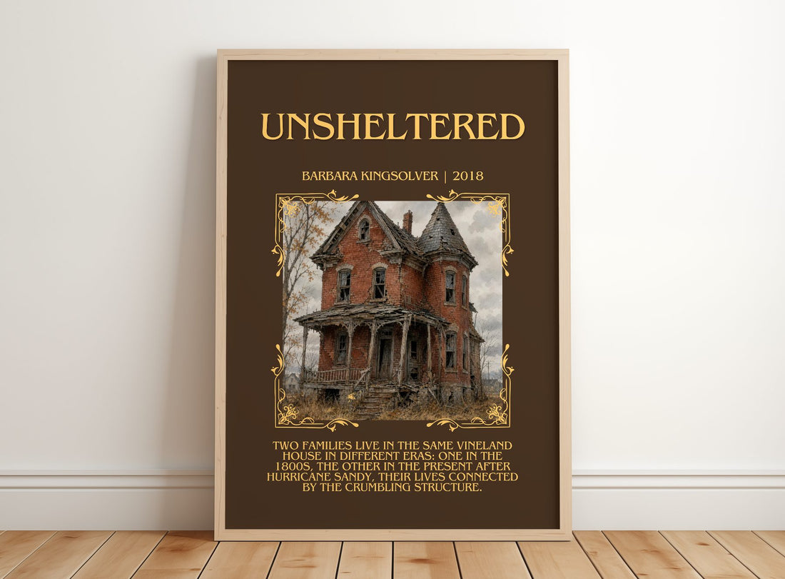 Unsheltered Minimalist Book Poster by Barbara Kingsolver – framed print leaning on a wooden floor