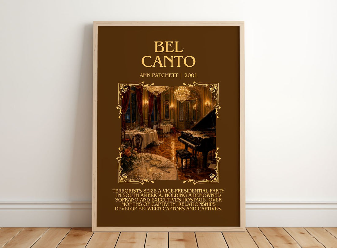 Bel Canto Minimalist Book Poster by Ann Patchett – framed print leaning on a wooden floor