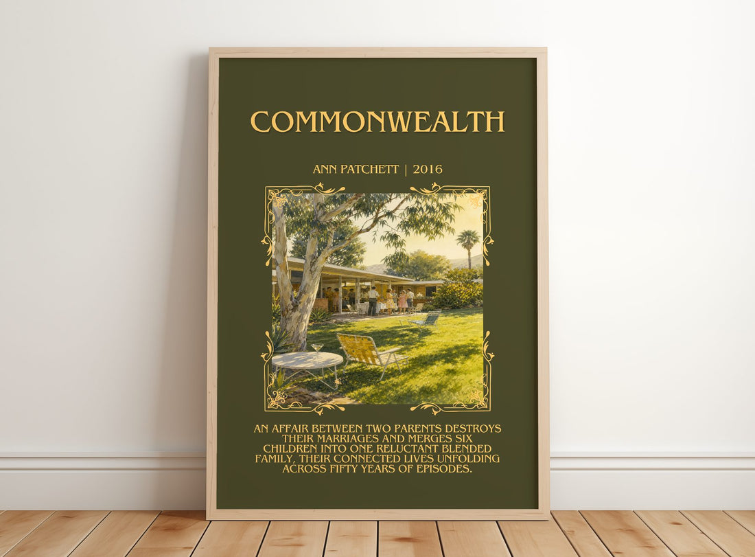 Commonwealth Minimalist Book Poster by Ann Patchett – framed print leaning on a wooden floor