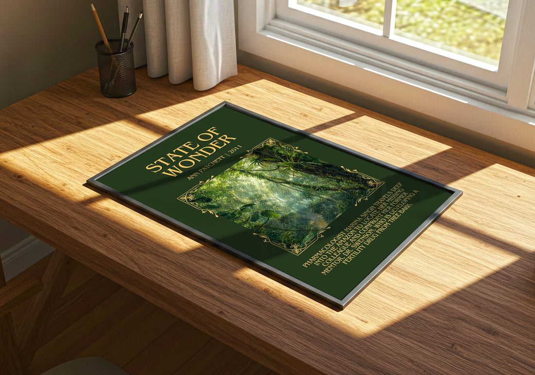 State of Wonder Minimalist Book Poster by Ann Patchett – print on a sunlit desk