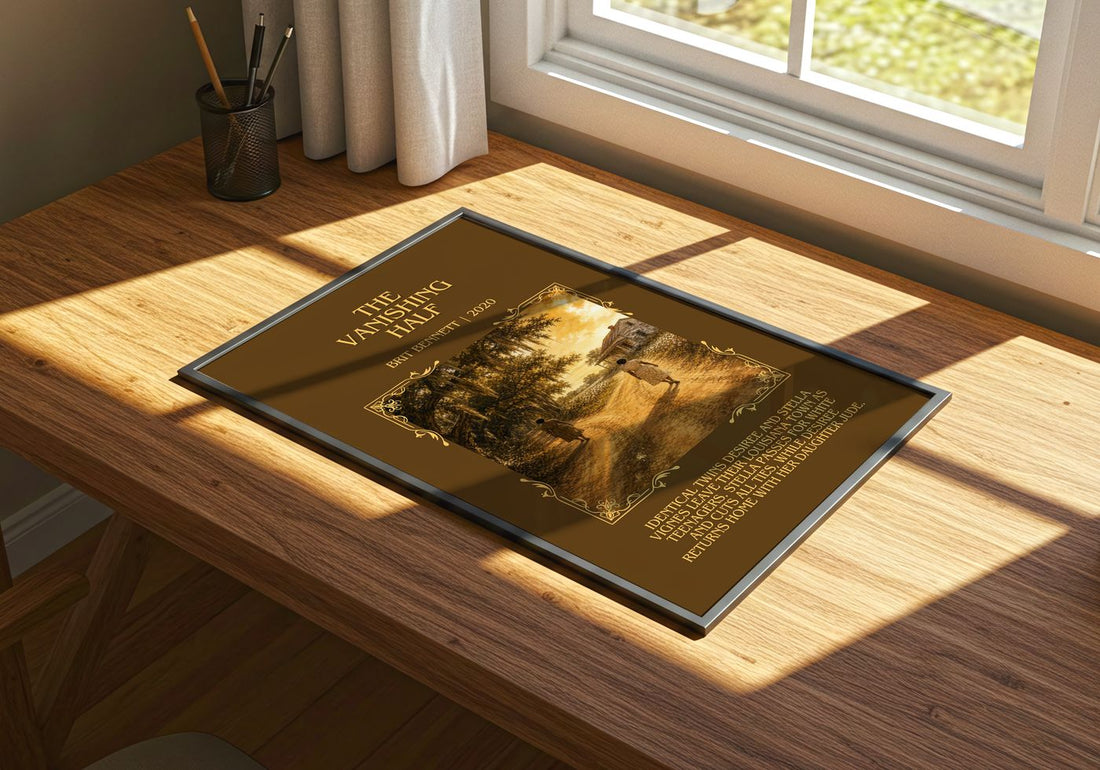 The Vanishing Half Minimalist Book Poster by Brit Bennett – print on a sunlit desk