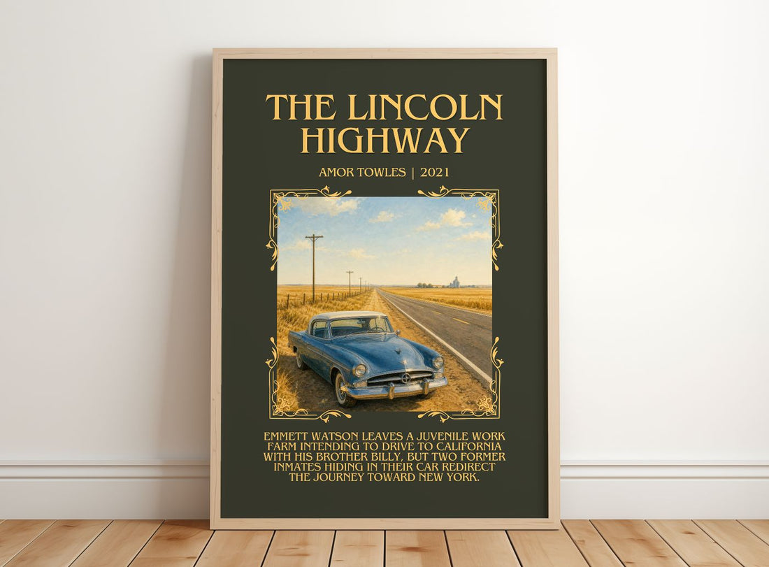 The Lincoln Highway Minimalist Book Poster by Amor Towles – framed print leaning on a wooden floor