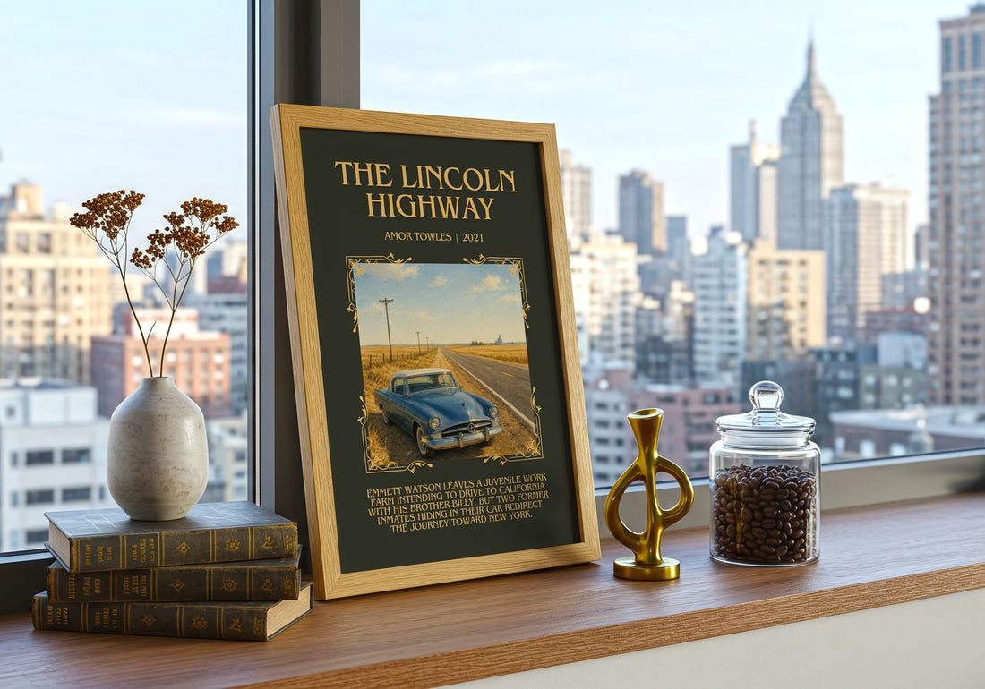 The Lincoln Highway Minimalist Book Poster by Amor Towles – framed print on a city-view windowsill