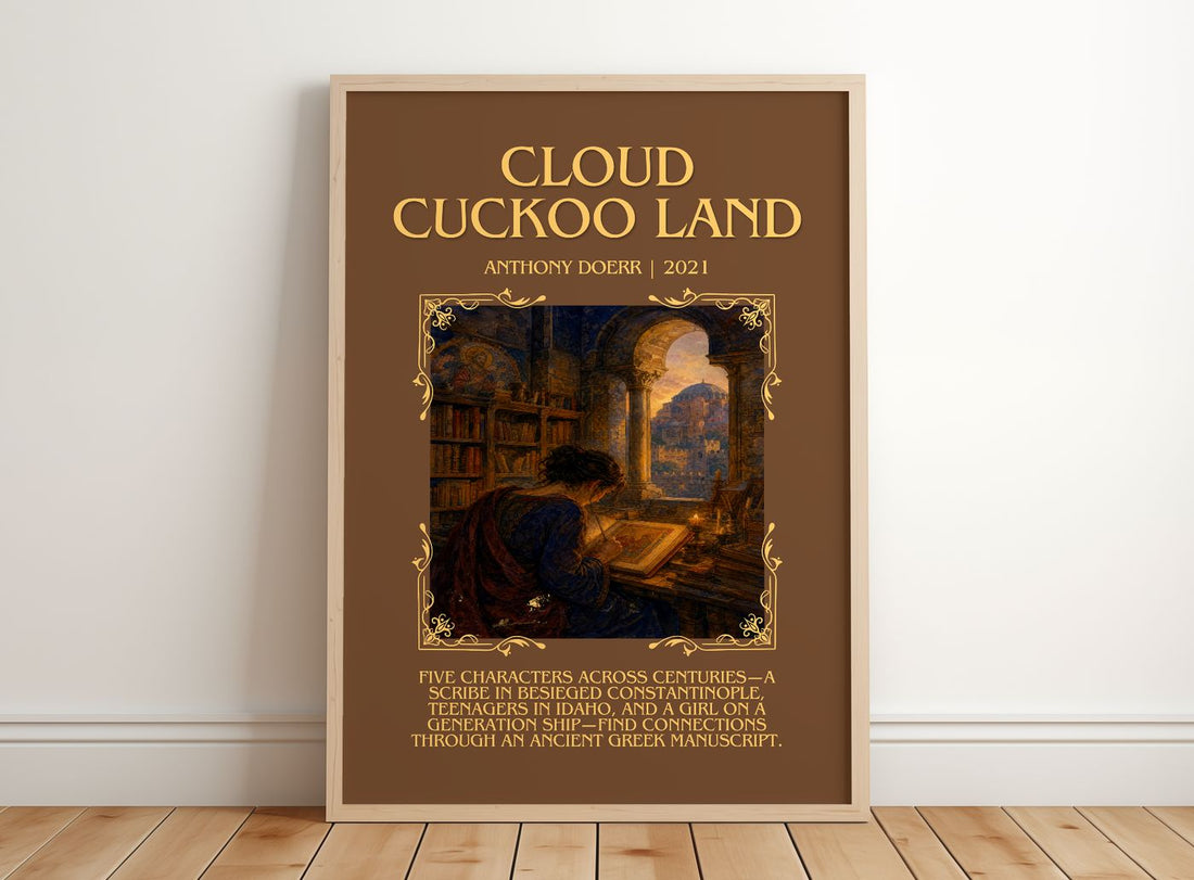 Cloud Cuckoo Land Minimalist Book Poster by Anthony Doerr – framed print leaning on a wooden floor