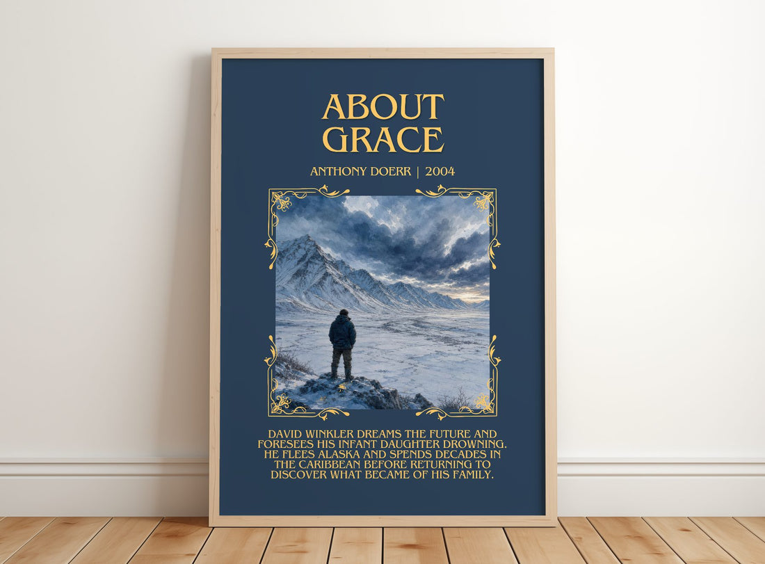 About Grace Minimalist Book Poster by Anthony Doerr – framed print leaning on a wooden floor