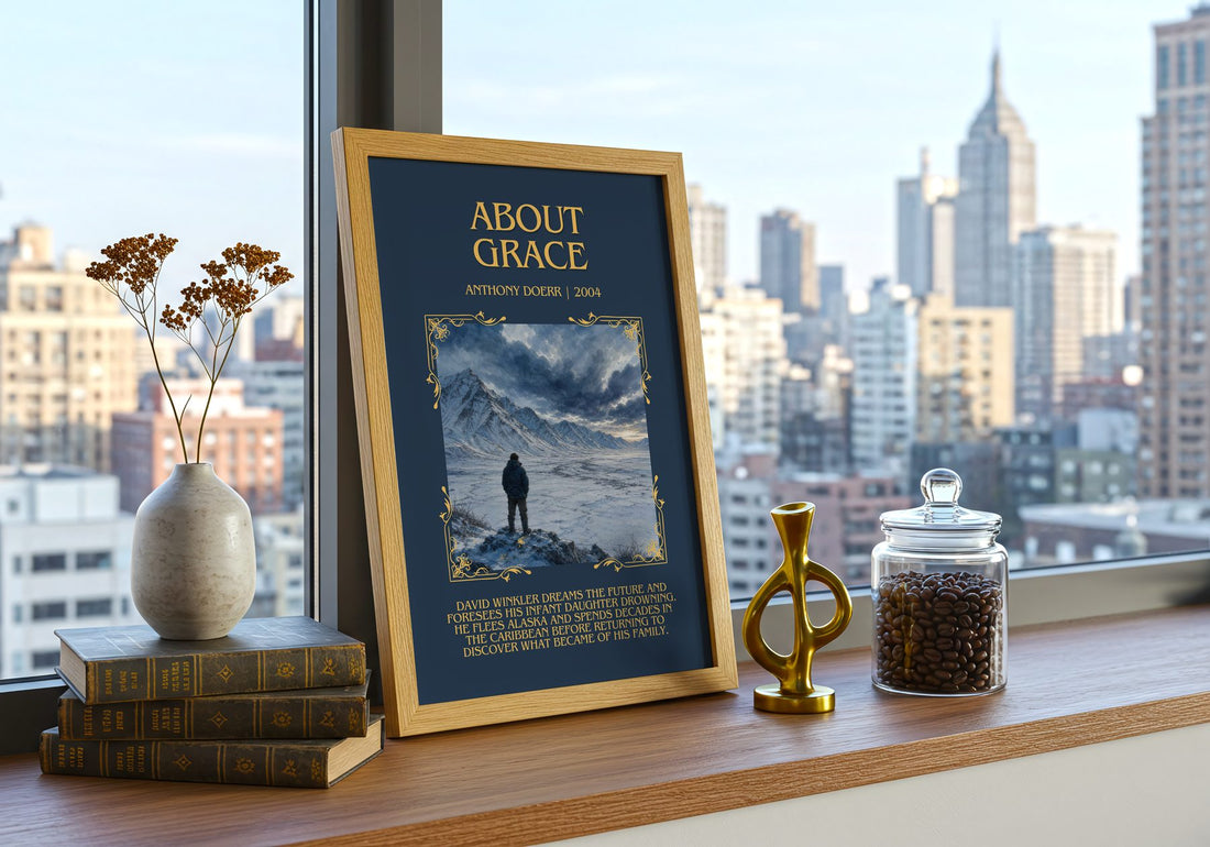 About Grace Minimalist Book Poster by Anthony Doerr – framed print on a city-view windowsill