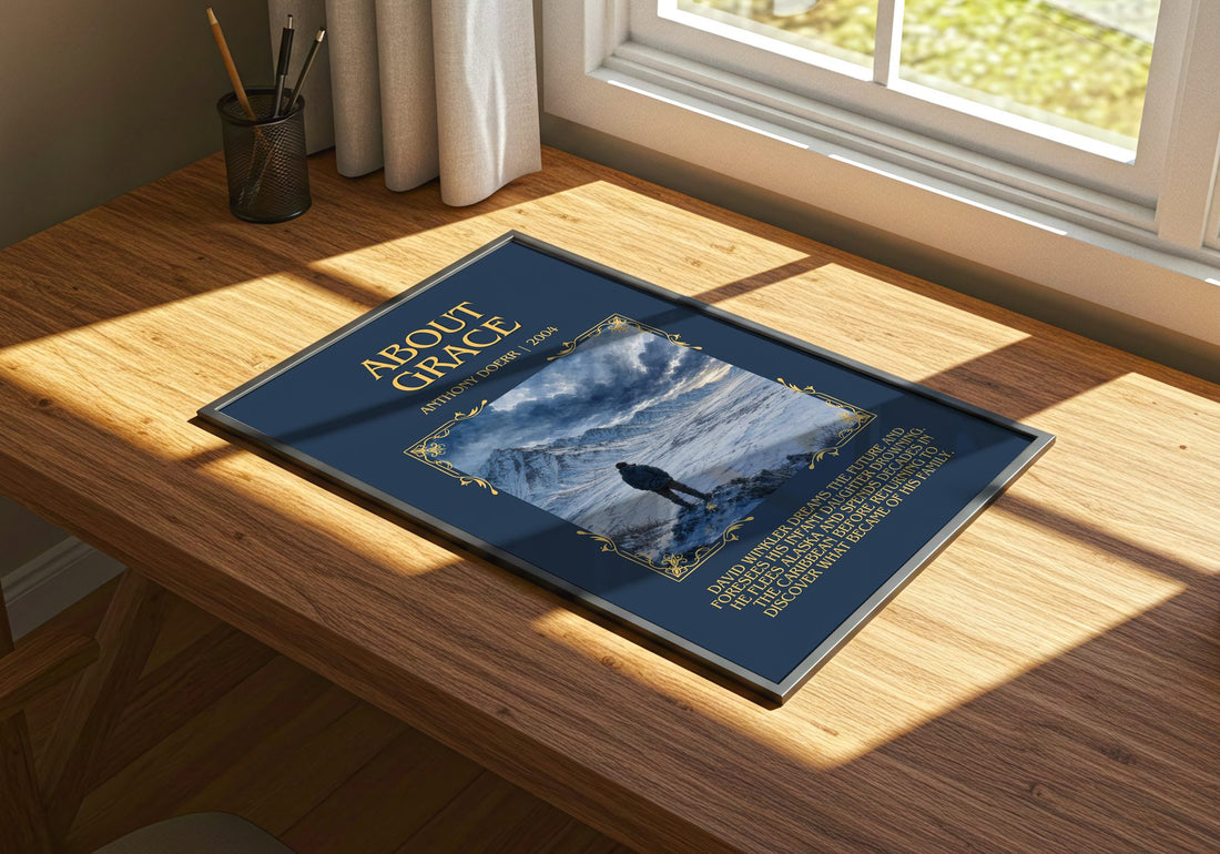 About Grace Minimalist Book Poster by Anthony Doerr – print on a sunlit desk