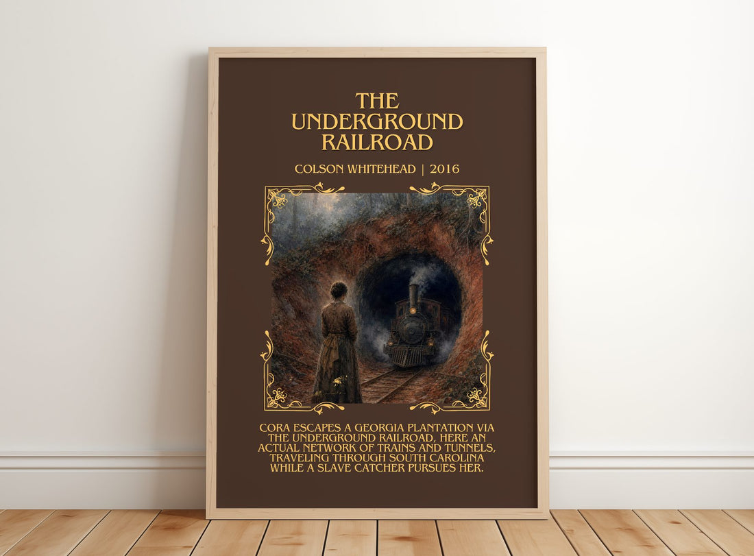 The Underground Railroad Minimalist Book Poster by Colson Whitehead – framed print leaning on a wooden floor