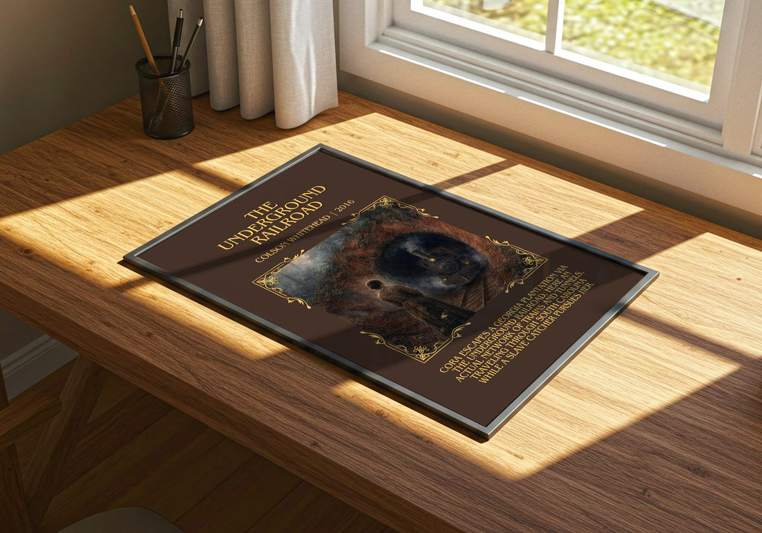 The Underground Railroad Minimalist Book Poster by Colson Whitehead – print on a sunlit desk