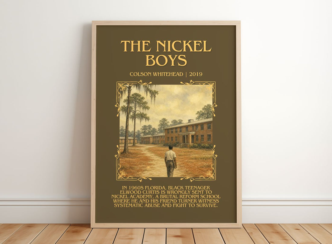 The Nickel Boys Minimalist Book Poster by Colson Whitehead – framed print leaning on a wooden floor