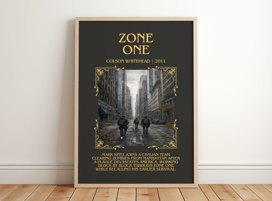 Zone One Minimalist Book Poster by Colson Whitehead – framed print leaning on a wooden floor