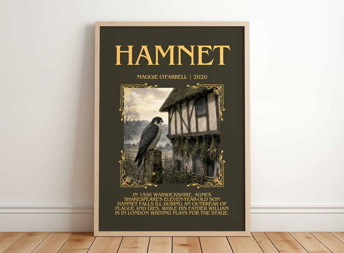Hamnet Minimalist Book Poster by Maggie O'Farrell – framed print leaning on a wooden floor