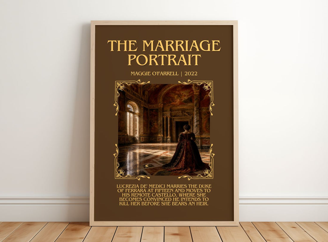 The Marriage Portrait Minimalist Book Poster by Maggie O'Farrell – framed print leaning on a wooden floor