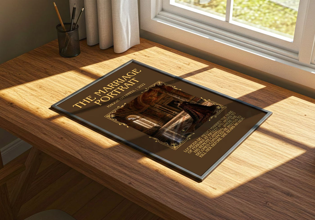 The Marriage Portrait Minimalist Book Poster by Maggie O'Farrell – print on a sunlit desk