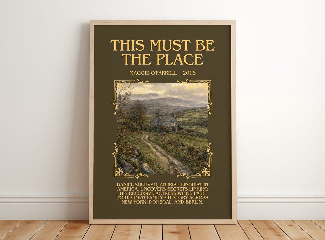 This Must Be the Place Minimalist Book Poster by Maggie O'Farrell – framed print leaning on a wooden floor