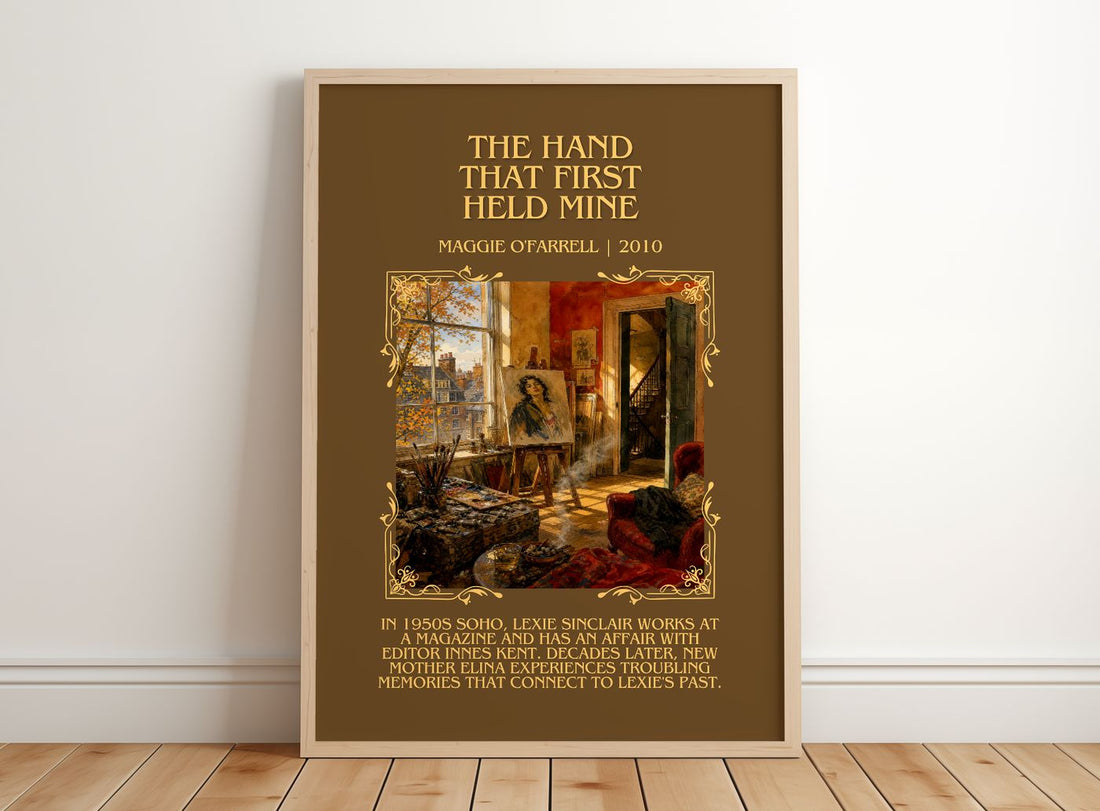 Hand That First Held Mine Minimalist Book Poster by Maggie O'Farrell – framed print leaning on a wooden floor