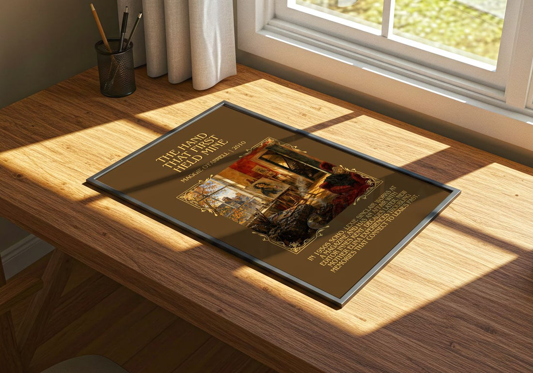 Hand That First Held Mine Minimalist Book Poster by Maggie O'Farrell – print on a sunlit desk
