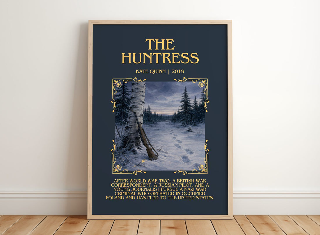The Huntress Minimalist Book Poster by Kate Quinn – framed print leaning on a wooden floor