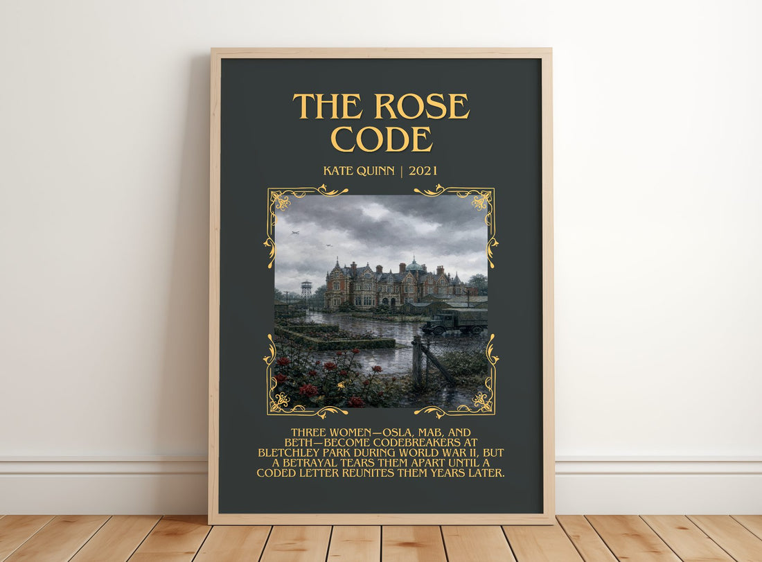 The Rose Code Minimalist Book Poster by Kate Quinn – framed print leaning on a wooden floor