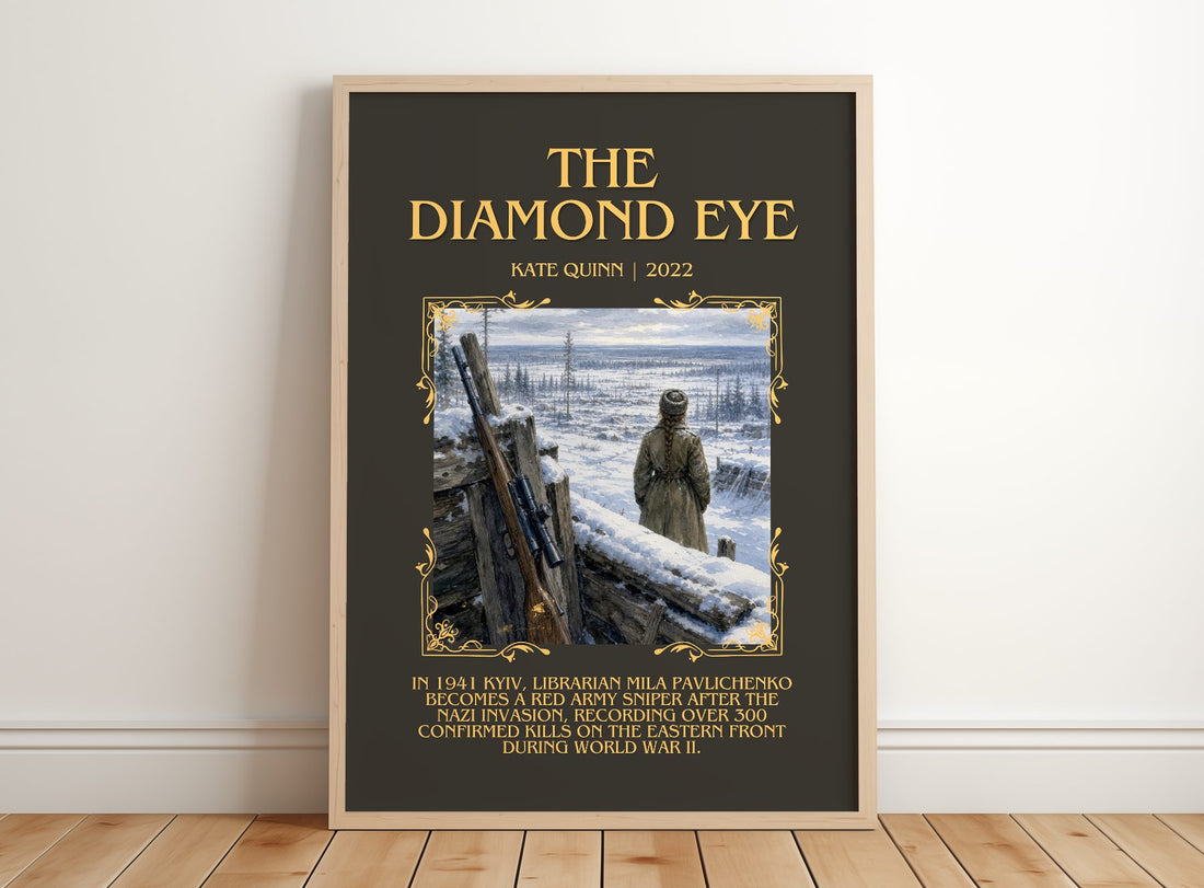The Diamond Eye Minimalist Book Poster by Kate Quinn – framed print leaning on a wooden floor
