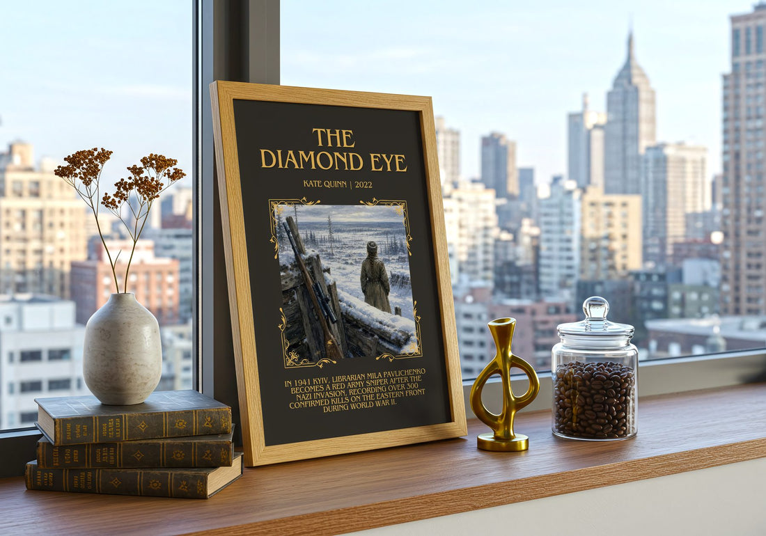 The Diamond Eye Minimalist Book Poster by Kate Quinn – framed print on a city-view windowsill