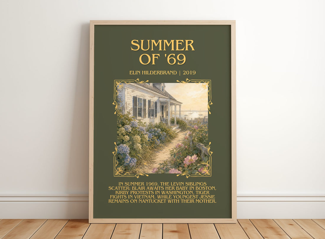 Summer of '69 Minimalist Book Poster by Elin Hilderbrand – framed print leaning on a wooden floor
