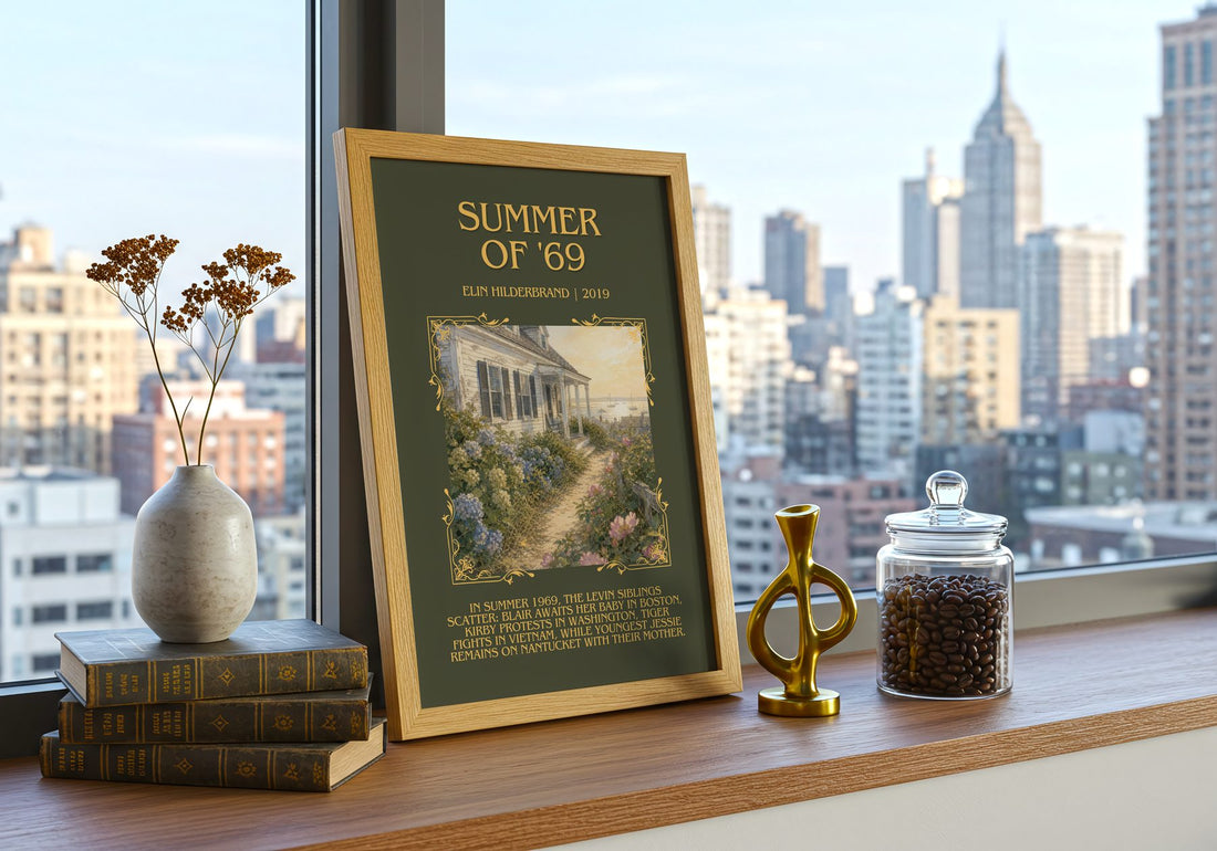 Summer of '69 Minimalist Book Poster by Elin Hilderbrand – framed print on a city-view windowsill