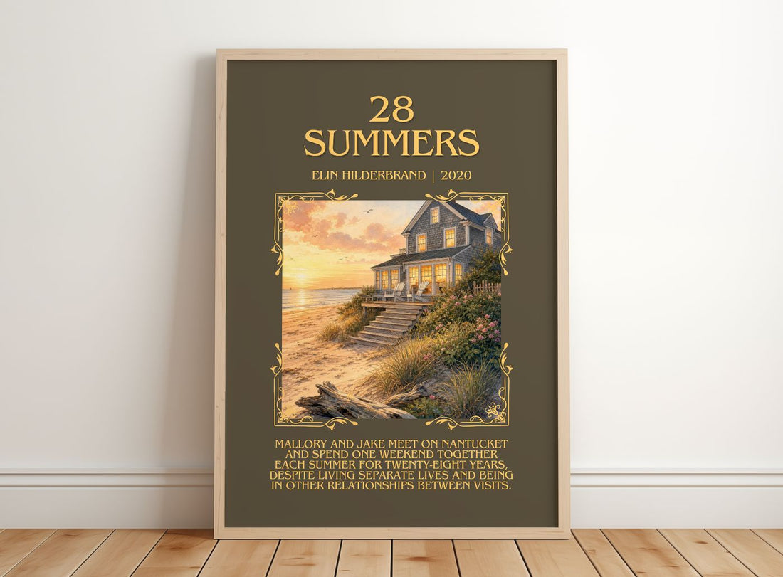 28 Summers Minimalist Book Poster by Elin Hilderbrand – framed print leaning on a wooden floor