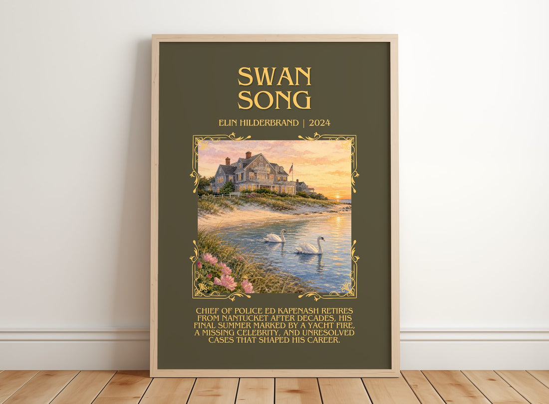 Swan Song Minimalist Book Poster by Elin Hilderbrand – framed print leaning on a wooden floor